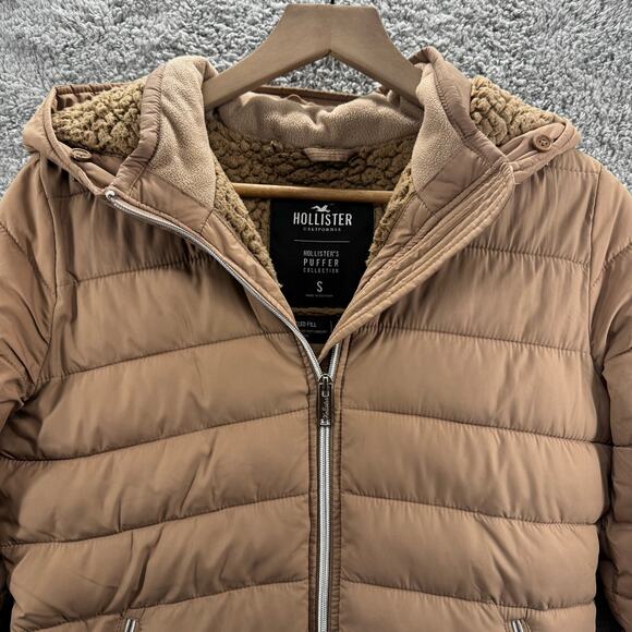Hollister Puffer Jacket Women's Small Tan Sherpa-Lined Hooded - Picture 2 of 11